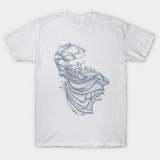 Surfer Riding on a Surf Wave Decorative Art Style in Cool Ocean Gray Color T-Shirt